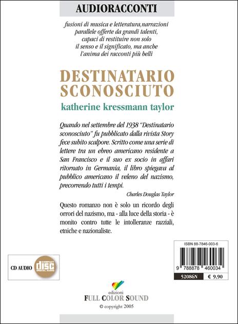 Destinatario sconosciuto letto da Sandro Lombardi e David Riondino. Audiolibro. CD Audio - Katherine Kressmann Taylor - 2