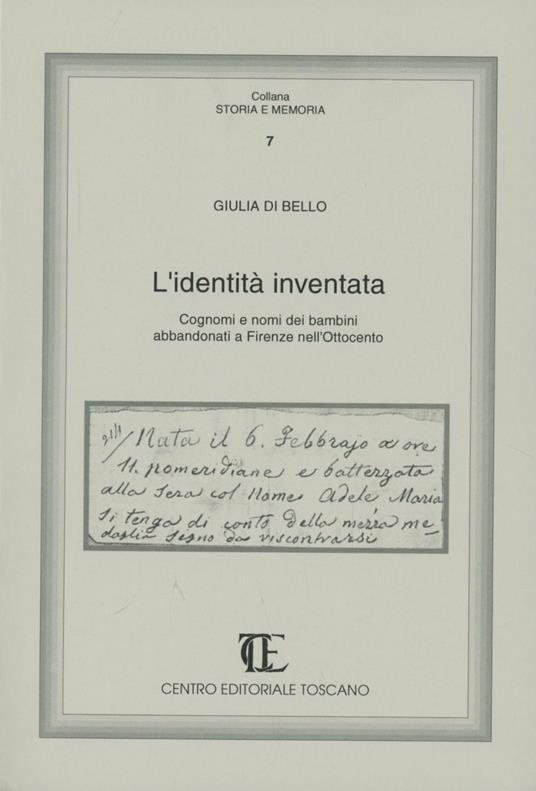 L' identità inventata. Cognomi e nomi dei bambini abbandonati a Firenze nell'Ottocento - Giulia Di Bello - copertina