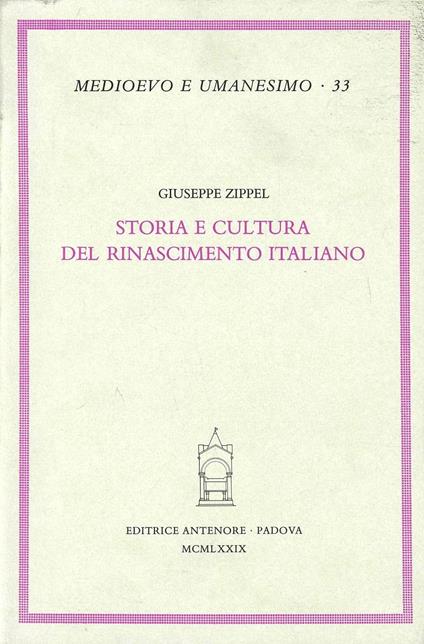 Storia e cultura del Rinascimento italiano - Giuseppe Zippel - copertina