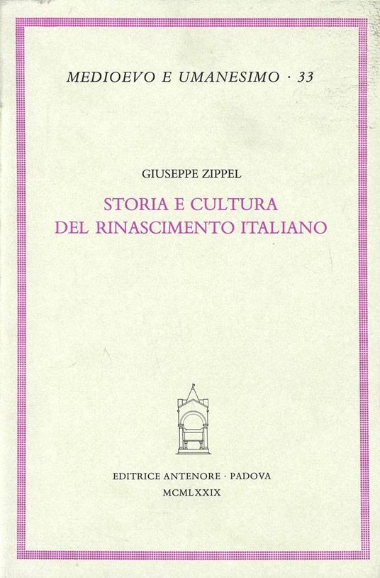 Storia e cultura del Rinascimento italiano - Giuseppe Zippel - copertina