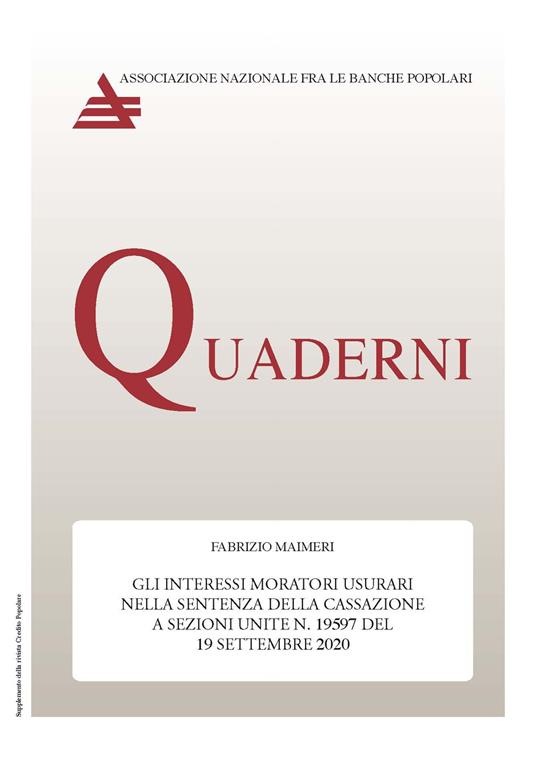 Gli interessi moratori usurari nella sentenza della Cassazione a Sezioni Unite n° 19597 del 19 settembre 2020 - Fabrizio Maimeri - copertina