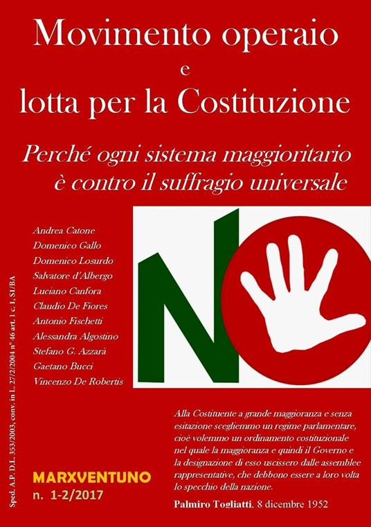 Movimento operaio e lotta per la Costituzione. Perché ogni sistema maggioritario è contro il suffragio universale - copertina