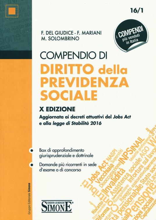Compendio di diritto della previdenza sociale - Federico Del Giudice,Federico Mariani,Mariarosaria Solombrino - copertina