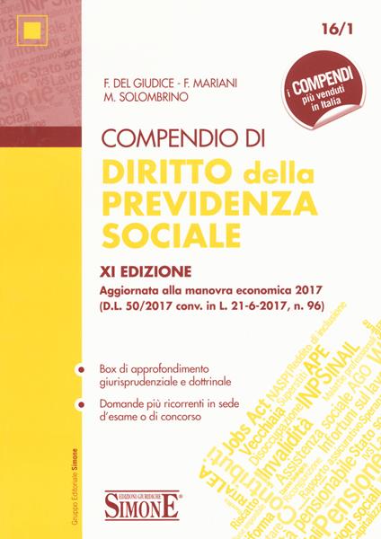 Compendio di diritto della previdenza sociale - Federico Del Giudice,Federico Mariani,Mariarosaria Solombrino - copertina