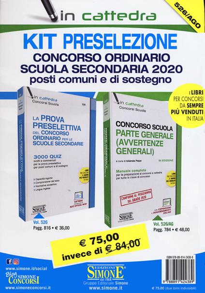 Kit preselezione. Concorso ordinario scuola secondaria 2020. Posti comuni e di sostegno. Con aggiornamento online. Con software di simulazione - copertina