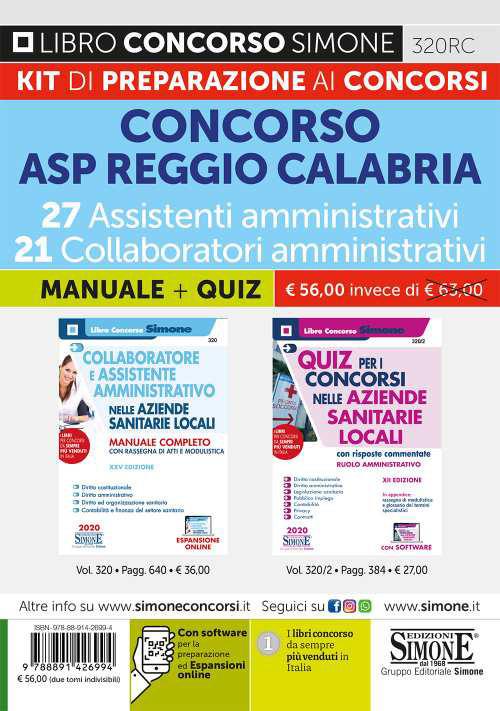 Concorso ASP Reggio Calabria 27 assistenti amministrativi 21 Collaboratori Amministrativi. Kit di preparazione ai concorsi. Manuale Completo + Quiz con risposte commentate - copertina
