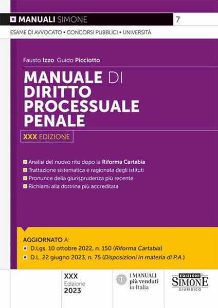 Manuale di diritto processuale penale. Analisi del nuovo rito dopo la Riforma Cartabia - Fausto Izzo,Guido Picciotto - copertina