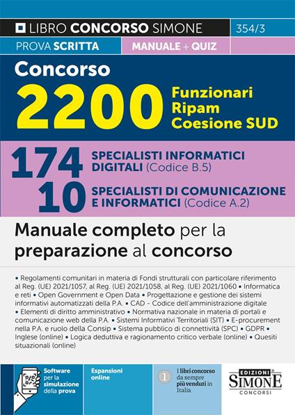 Concorso 2200 Funzionari Ripam Coesione Sud. 174 specialisti informatici digitali (Codice B.5). 10 specialisti di comunicazione e informatici (Codice A.2). Manuale completo per la preparazione al concorso. Con espansione online - copertina