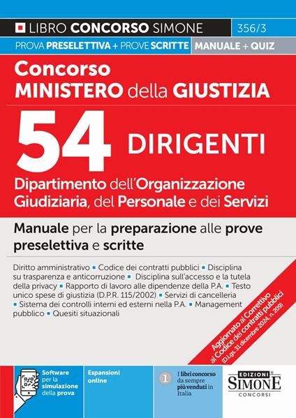 Concorso Ministero della Giustizia 2025. Dipartimento dell'Organizzazione giudiziaria del personale e dei servizi. 54 dirigenti. Con espansioni online. Con software di simulazione - copertina
