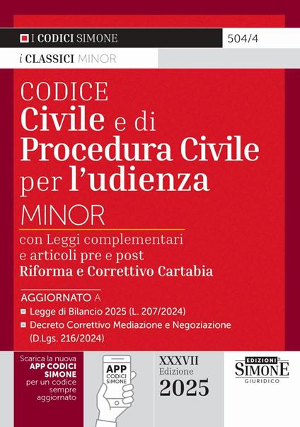 Codice civile e di procedura civile per l'udienza. Ediz. minor. Con app Codici Simone - copertina