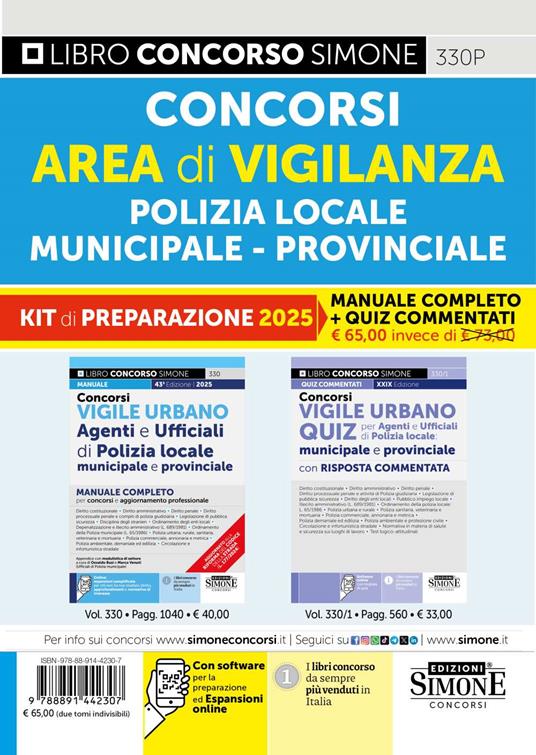 Concorsi area di vigilanza polizia locale, municipale, provinciale. Kit di preparazione. Manuale completo + Quiz commentati. Con espansione online - copertina
