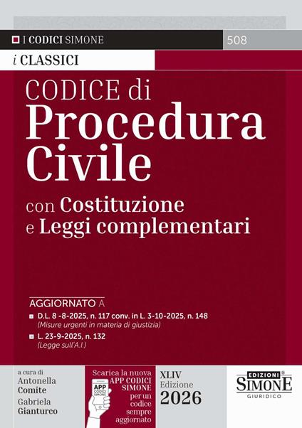 Codice di procedura civile con Costituzione e leggi complementari. Con la nuova APP CODICI SIMONE per un codice sempre aggiornato - copertina