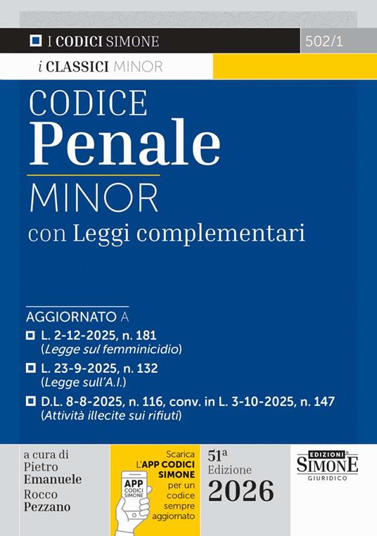 Codice Penale Minor. Leggi complementari. Con APP CODICI SIMONE per un codice sempre aggiornato - copertina