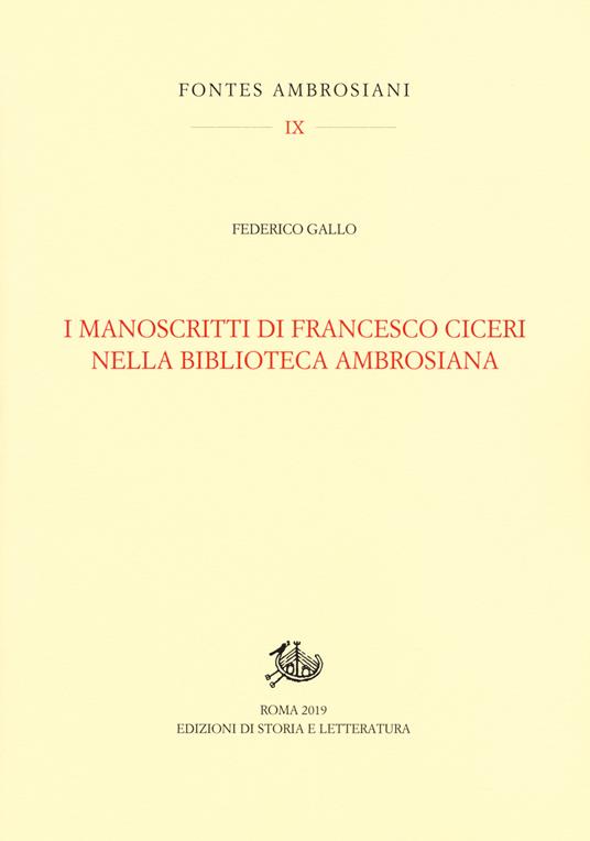 I manoscritti di Francesco Ciceri nella Biblioteca Ambrosiana - Federico Gallo - copertina