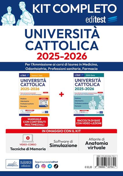 Kit completo EdiTEST. Università Cattolica. Medicina, odontoiatria, professioni sanitarie. Con espansione online. Con software di simulazione - copertina
