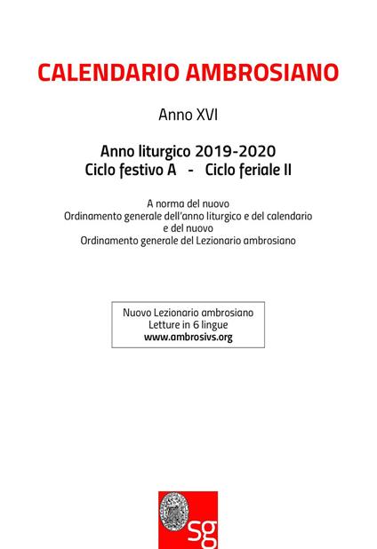 Calendario ambrosiano. Anno liturgico 2019-2020. Ciclo festivo A. Ciclo feriale II - copertina