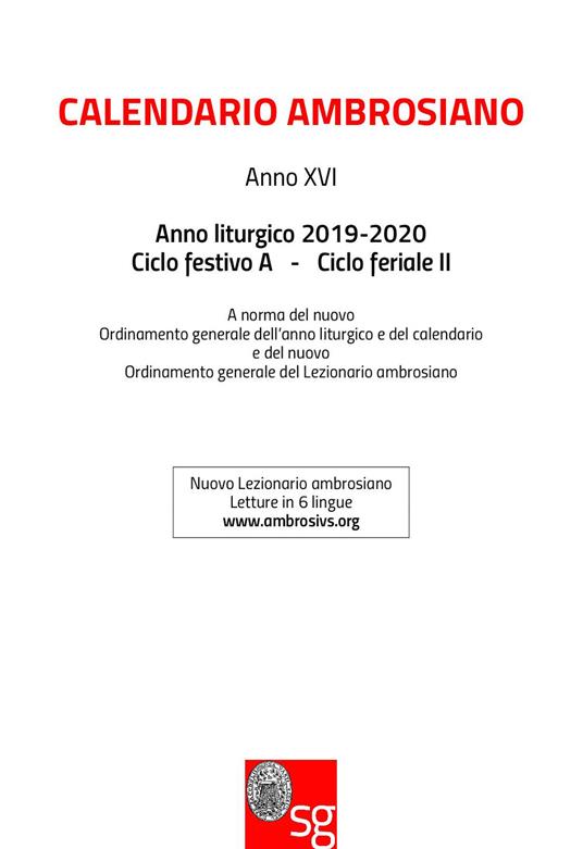 Calendario ambrosiano. Anno liturgico 2019-2020. Ciclo festivo A. Ciclo feriale II - copertina