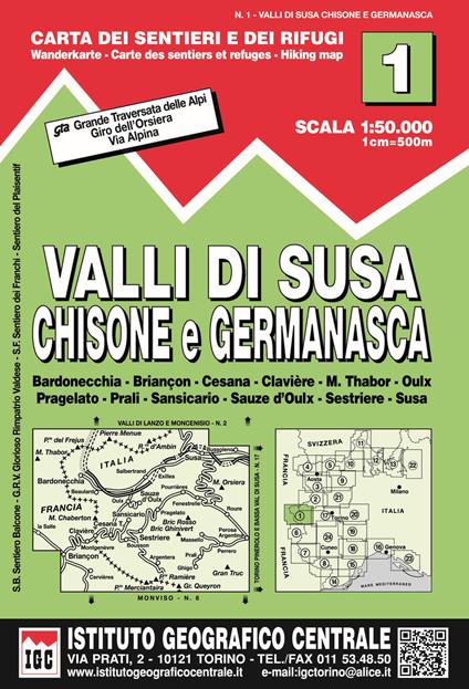 Carta n. 1 Val di Susa, Chisone e Germanasca 1:50.000. Carta dei sentieri e dei rifugi - copertina