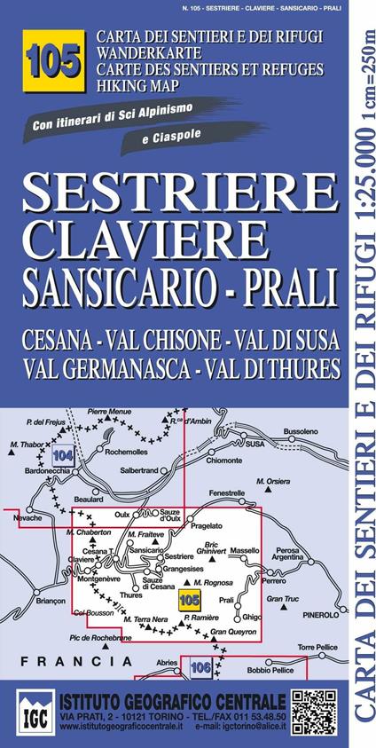 Carta n. 105 Sestriere, Claviere, Prali 1:25.000. Carta dei sentieri e dei rifugi. Serie monti - copertina
