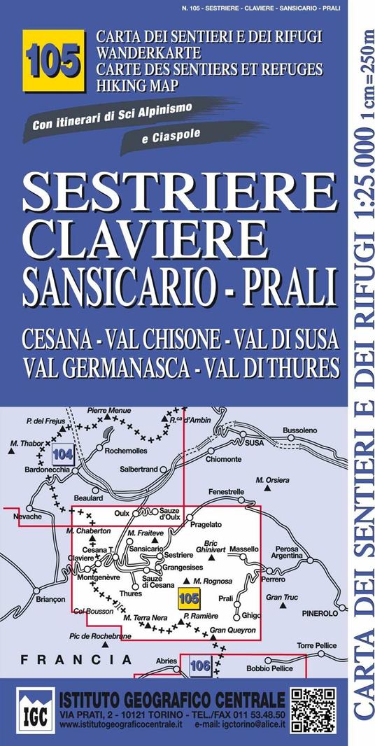 Carta n. 105 Sestriere, Claviere, Prali 1:25.000. Carta dei sentieri e dei rifugi. Serie monti - copertina