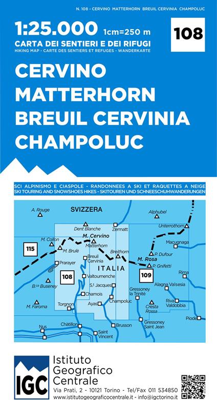 Carta n. 108 Cervino Matterhorn, Breuil Cervinia, Champoluc 1:25.000. Carta dei sentieri e dei rifugi - copertina