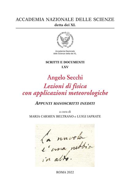Angelo Secchi. Lezioni di fisica con applicazioni meteorologiche. Appunti manoscritti inediti - copertina