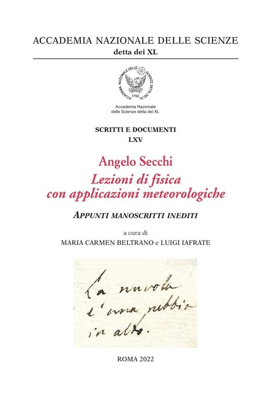 Angelo Secchi. Lezioni di fisica con applicazioni meteorologiche. Appunti manoscritti inediti - copertina