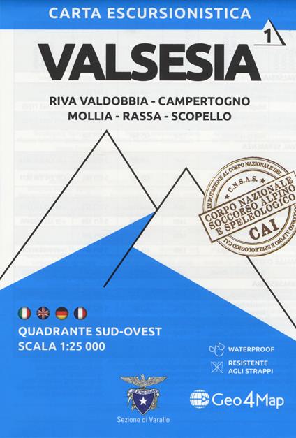 Carta escursionistica Valsesia. Riva Valdobbia, Campertogno, Mollia, Rassa, Scopello. Quadrante sud-ovest 1:25.000 - copertina