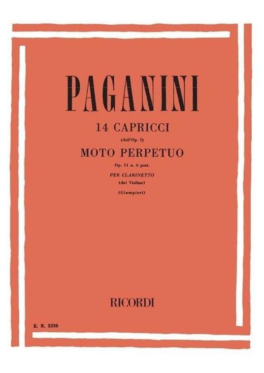  14 Capricci Dall'Op. 1 & 'Moto Perpetuò Op.11. Clarinetto -  Niccolò Paganini - copertina
