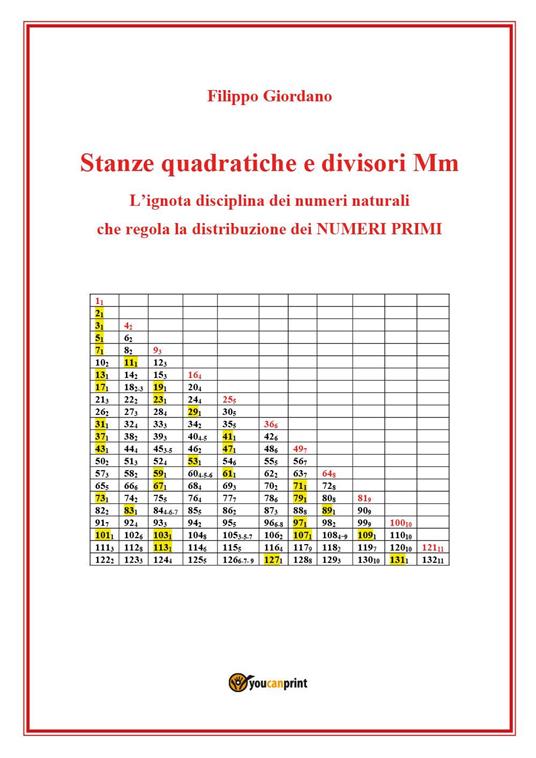 Stanze quadratiche e divisori Mm, la disciplina dei numeri naturali che regola la distribuzione dei numeri primi - Filippo Giordano - copertina