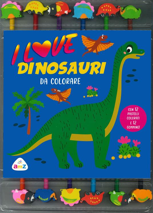 I love dinosauri da colorare. Ediz. illustrata. Con 12 pastelli colorati e gommine - copertina