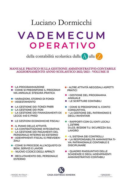 Vademecum operativo della contabilità scolastica dalla A alla Z - Luciano Dormicchi - copertina