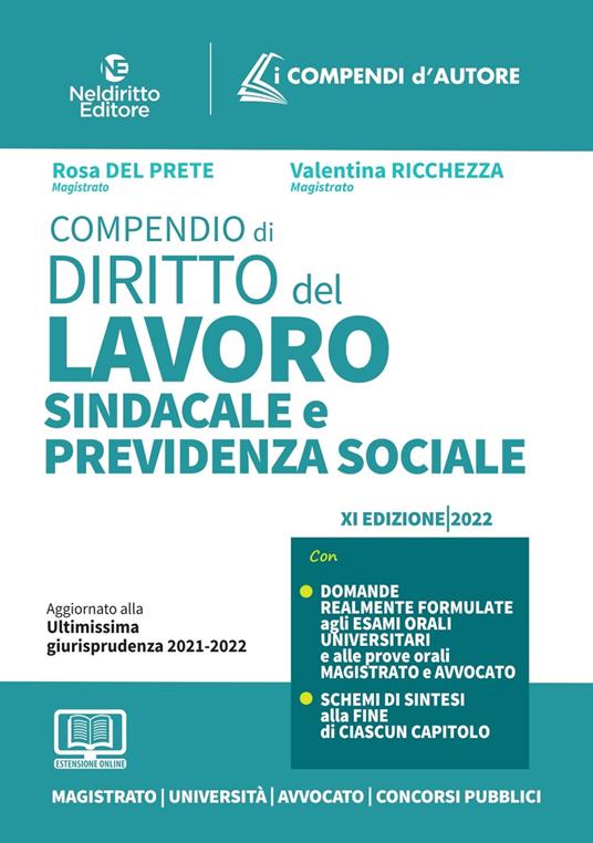 Compendio di diritto del lavoro, sindacale e della previdenza sociale - Rosa Del Prete,Valentina Ricchezza - copertina