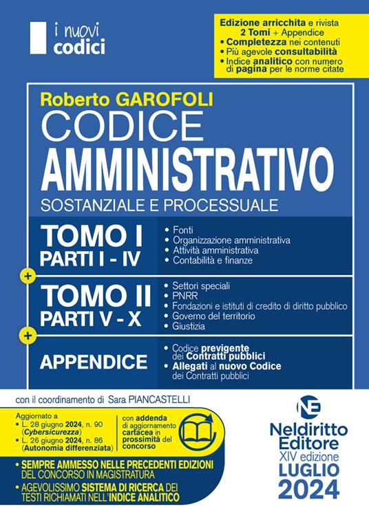 Concorso Magistratura. Codice amministrativo sostanziale e processuale. Luglio 2024 - Roberto Garofoli - copertina