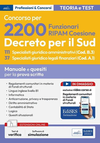 Concorso 2200 RIPAM: 111 Specialisti giuridico amministrativi (Cod. B.3) 37 Specialisti giuridico legali finanziari (Cod. A.1). Manuale e quesiti per la prova di scritta. Con software di simulazione - copertina