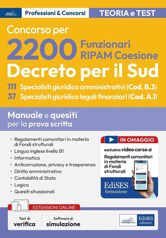 Concorso 2200 RIPAM: 111 Specialisti giuridico amministrativi (Cod. B.3) 37 Specialisti giuridico legali finanziari (Cod. A.1). Manuale e quesiti per la prova di scritta. Con software di simulazione - copertina