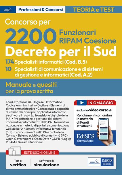 Concorso 2200 Coesione Sud. 174 Specialisti informatici (Codice B.5) e 10 Specialisti di comunicazione e sistemi informatici (Codice A.2). Manuale per la prova scritta. Con software di simulazione. Con videocorso - copertina