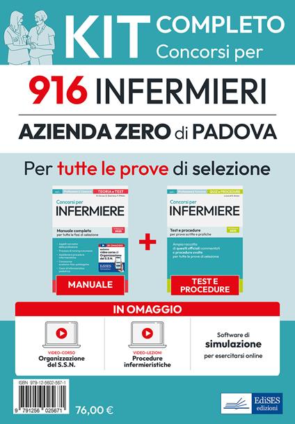 Kit completo del Concorso per 916 infermieri Azienda Zero di Padova. Manuale, test, software, video-lezioni procedure infermieristiche - Rosaria Alvaro,Rosario Caruso,Guglielmo Guerriero - copertina