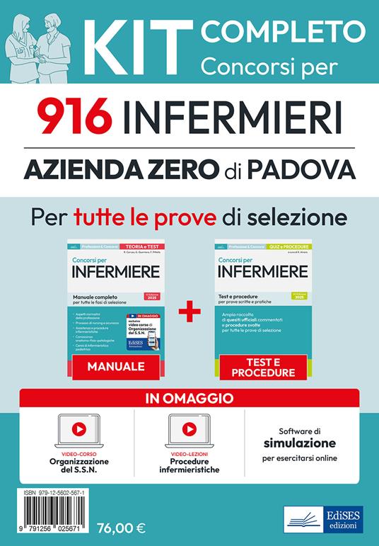 Kit completo del Concorso per 916 infermieri Azienda Zero di Padova. Manuale, test, software, video-lezioni procedure infermieristiche - Rosaria Alvaro,Rosario Caruso,Guglielmo Guerriero - copertina