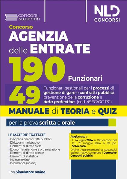 Concorso 190 posti Agenzia delle Entrate. Manuale + Quiz per il profilo 49 per i processi di gestione di gare e contratti pubblici, prevenzione della corruzione e data protection (Cod. 49FG/GC-PC) - copertina