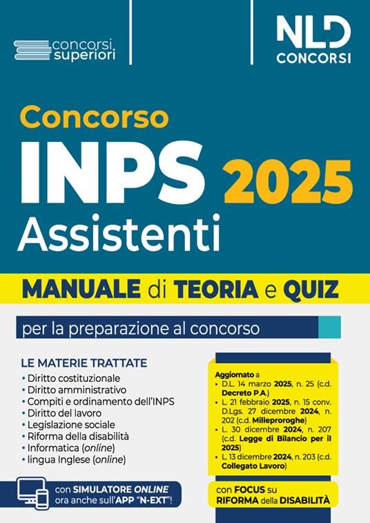 Concorso INPS per assistenti diplomati. Manuale teoria e quiz 2025. Con simulatore online - copertina