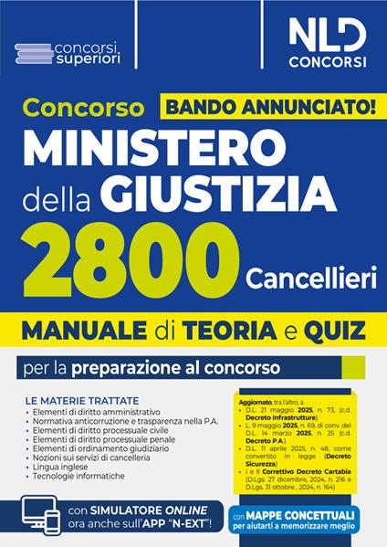 Concorso Ministero della Giustizia per 2800 cancellieri. Manuale con teoria e quiz 2025. Con espansione online - copertina