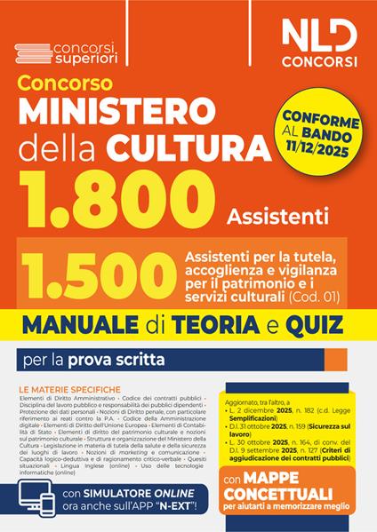 Concorso Ministero della Cultura 1800 posti. profilo 1.500 assistenti per la tutela, accoglienza e vigilanza per il patrimonio e i servizi culturali (Cod. 01). Manuale di Teoria e quiz - copertina