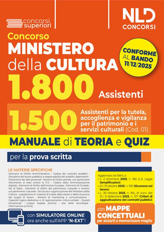 Concorso Ministero della Cultura 1800 posti. profilo 1.500 assistenti per la tutela, accoglienza e vigilanza per il patrimonio e i servizi culturali (Cod. 01). Manuale di Teoria e quiz - copertina