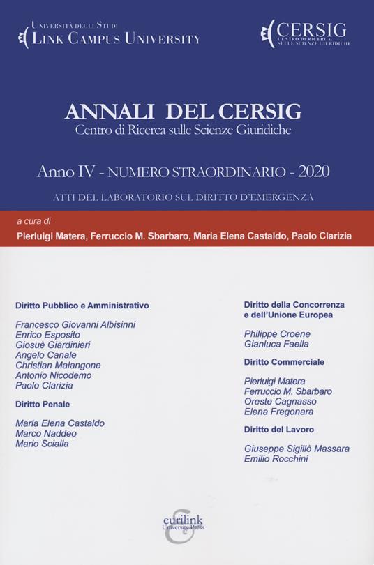 Annali del Cersig. Anno IV. Numero straordinario. Atti del laboratorio sul diritto dell'emergenza (2020) - copertina