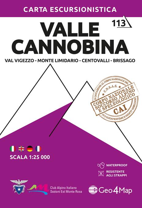 113 Valle Cannobina. Val Vigezzo, Monte Limidario, Centovalli, Brissago 1:25.000. Ediz. multilingue - copertina