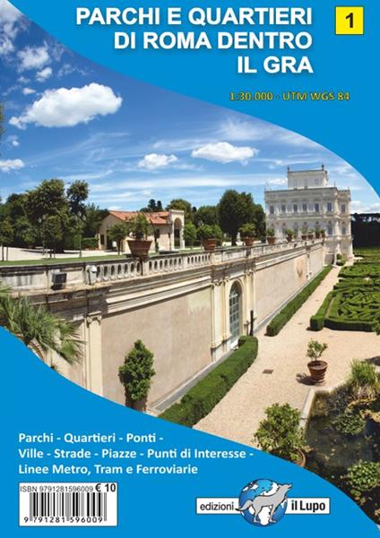 Mappa parchi e quartieri di Roma dentro il gra. Mappa n.1 scala 1:30.000 con parchi, quartieri, ponti, ville, strade, piazze, punti di interesse, linee metro, tram e ferroviarie - copertina