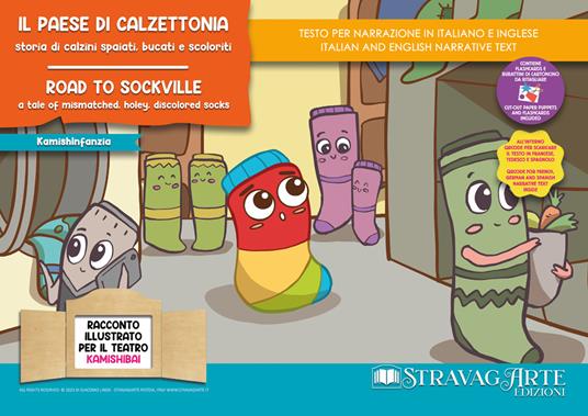 Il paese di Calzettonia. Storia di calzini spaiati, bucati e scoloriti. Fiaba kamishibai. Ediz. italiana e inglese. Con QR code per traduzioni (FR/DE/ES) e materiali didattici stampabili. Con burattini da ritagliare. Con flashcards - Linda Di Giacomo - copertina