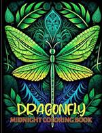 Dragonfly: Beautiful Dragonfly Midnight Illustrations For Color & Relax. Black Background Coloring Book