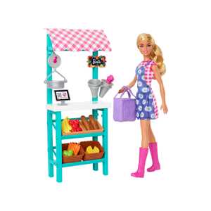 Giocattolo Barbie -  Mercato Frutta e Verdura Playset con bambola bionda, include bancarella del mercato, registratore di cassa Barbie